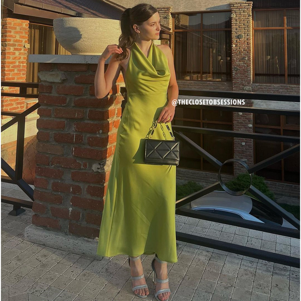 MANGO Green Open Back Satin Midi Dress NWT Cowl Neck Wedding Guest - Picture 14 of 16